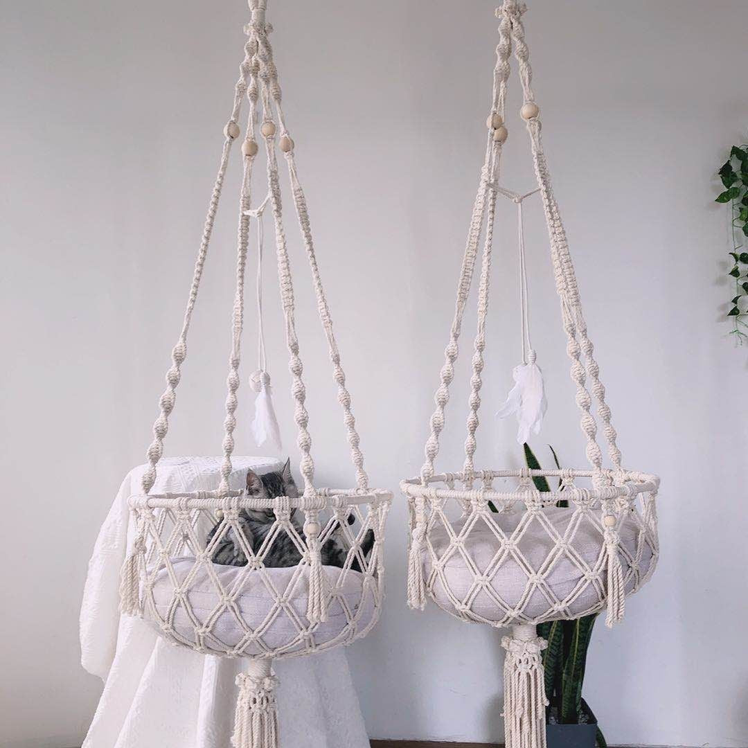 Wiszące legowisko dla kota boho | Plecione z poduszką