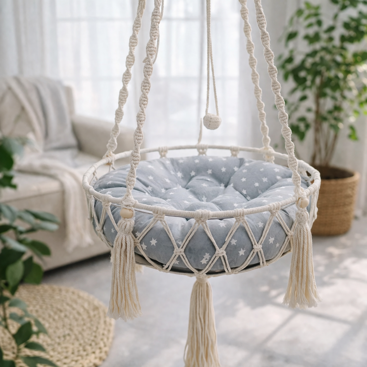 Wiszące legowisko dla kota boho | Plecione z poduszką